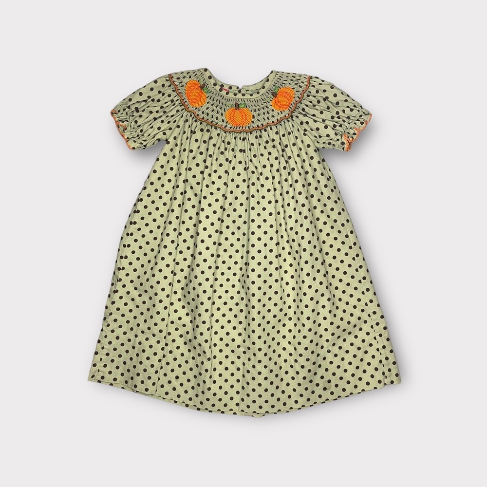 Claire & Charlie Fine Hand Smocked Polkadot Pumpkin Green Dress